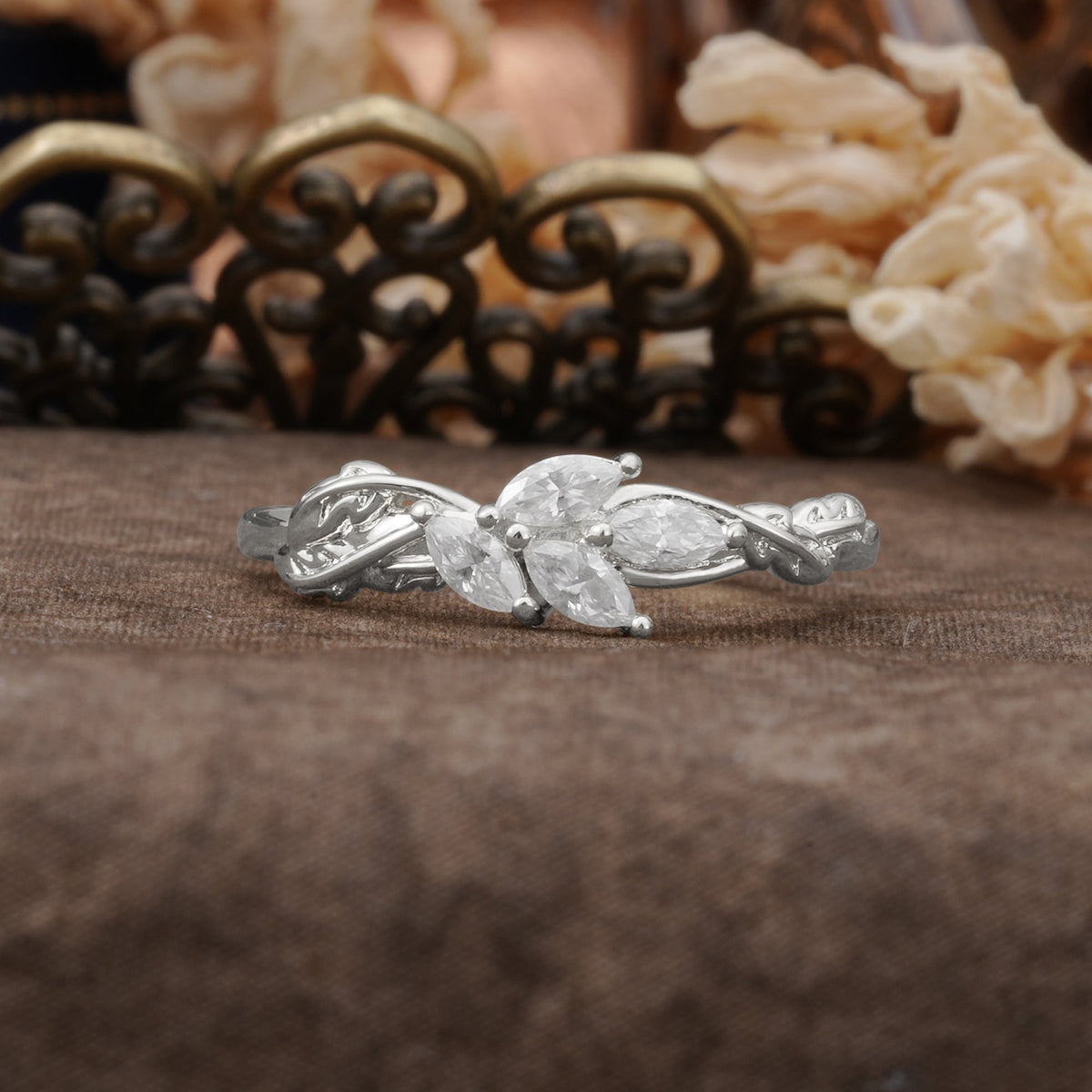 Cluster Marquise Cut Moissanite Curved Wedding Band