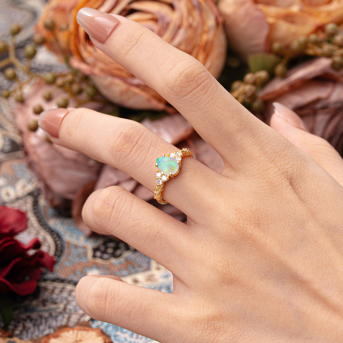 Nature-Inspired Vintage 4-Prong Pear Cut Opal Engagement Ring
