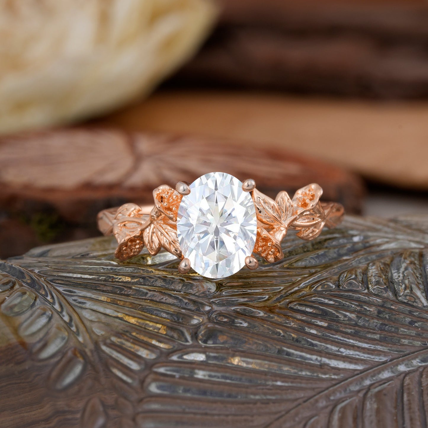 Oval Cut Nature Inspired Leaf Moissanite Engagement Ring
