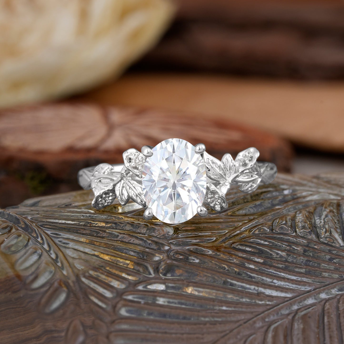 Oval Cut Nature Inspired Leaf Moissanite Engagement Ring