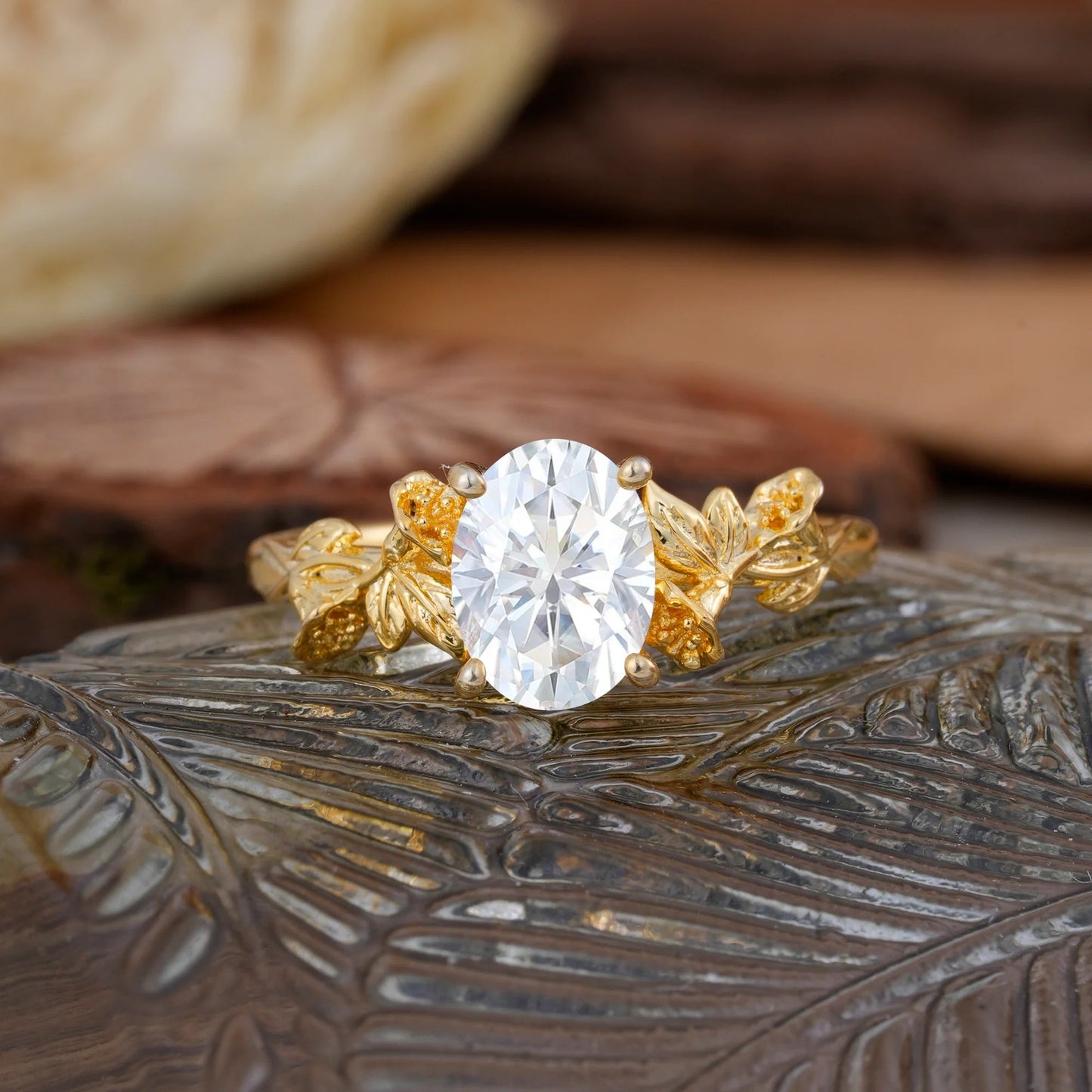 Oval Cut Nature Inspired Leaf Moissanite Engagement Ring