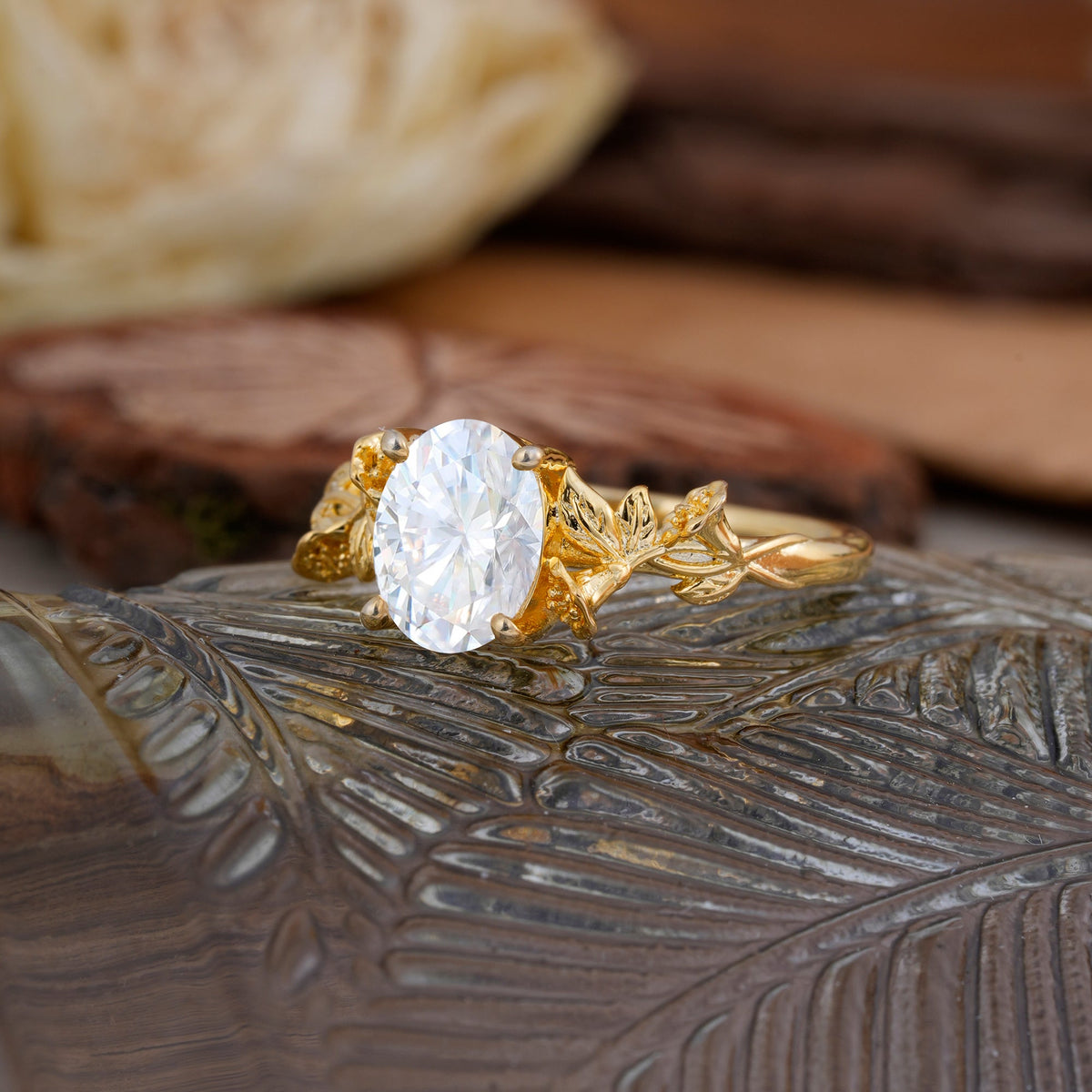 Oval Cut Nature Inspired Leaf Moissanite Engagement Ring