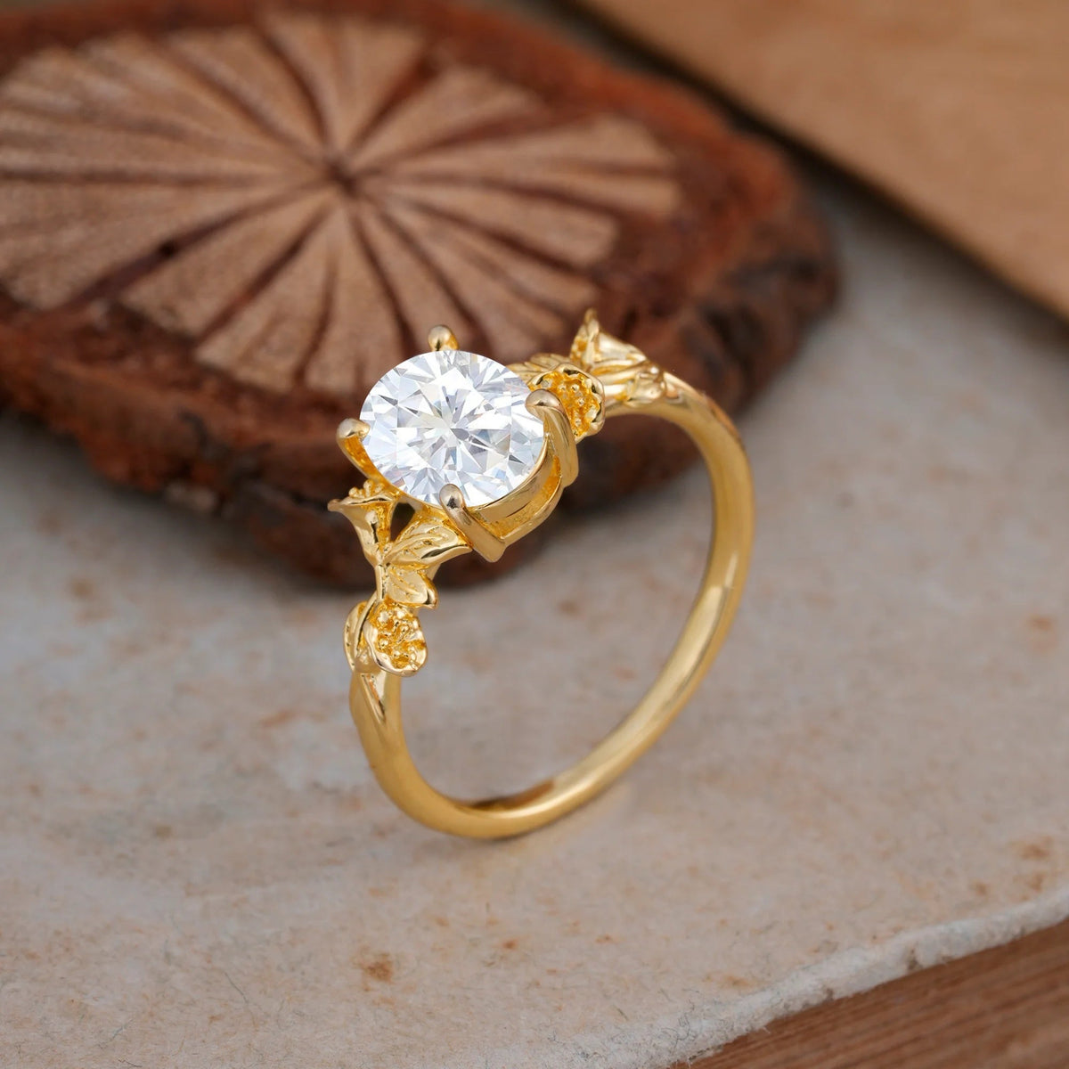 Oval Cut Nature Inspired Leaf Moissanite Engagement Ring
