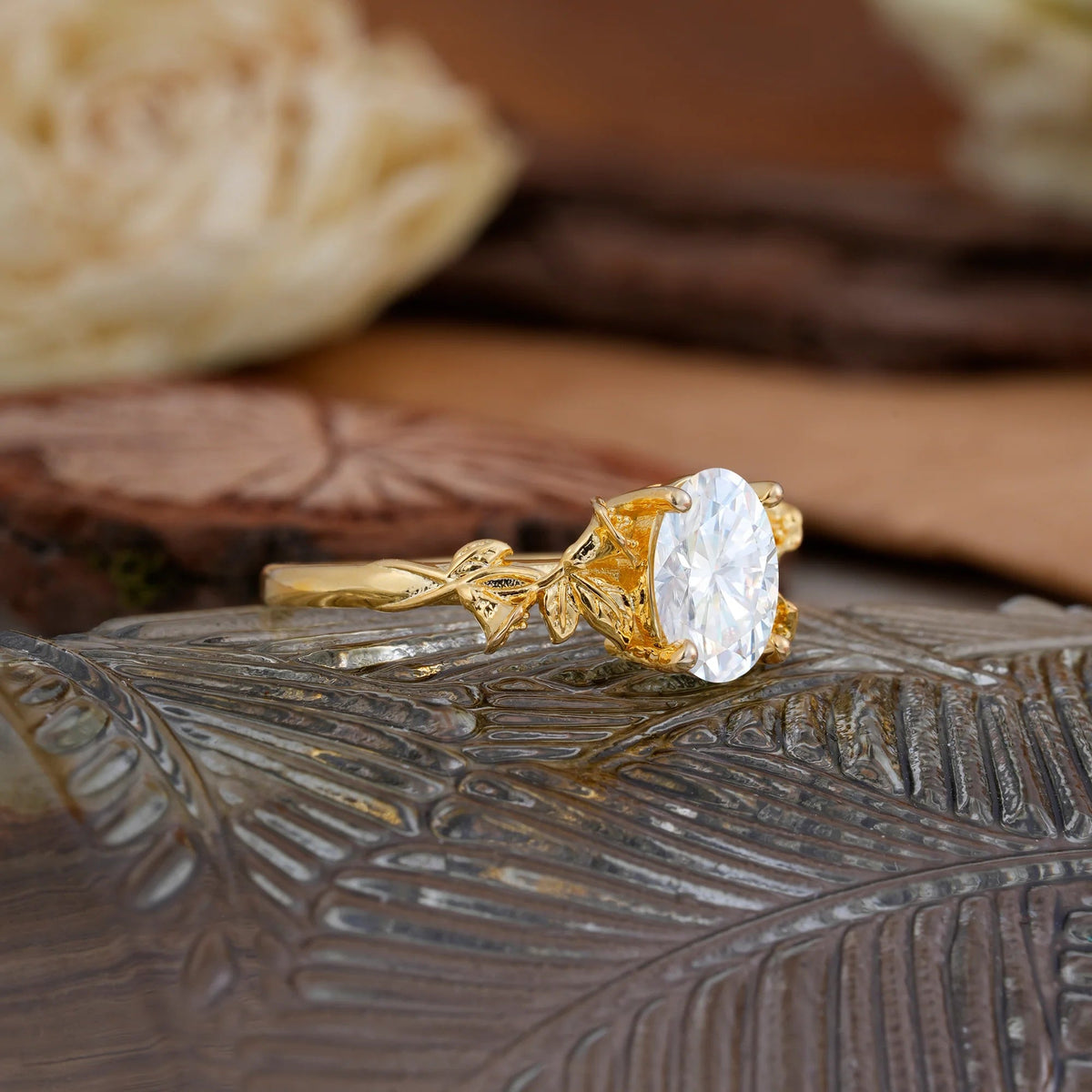 Oval Cut Nature Inspired Leaf Moissanite Engagement Ring