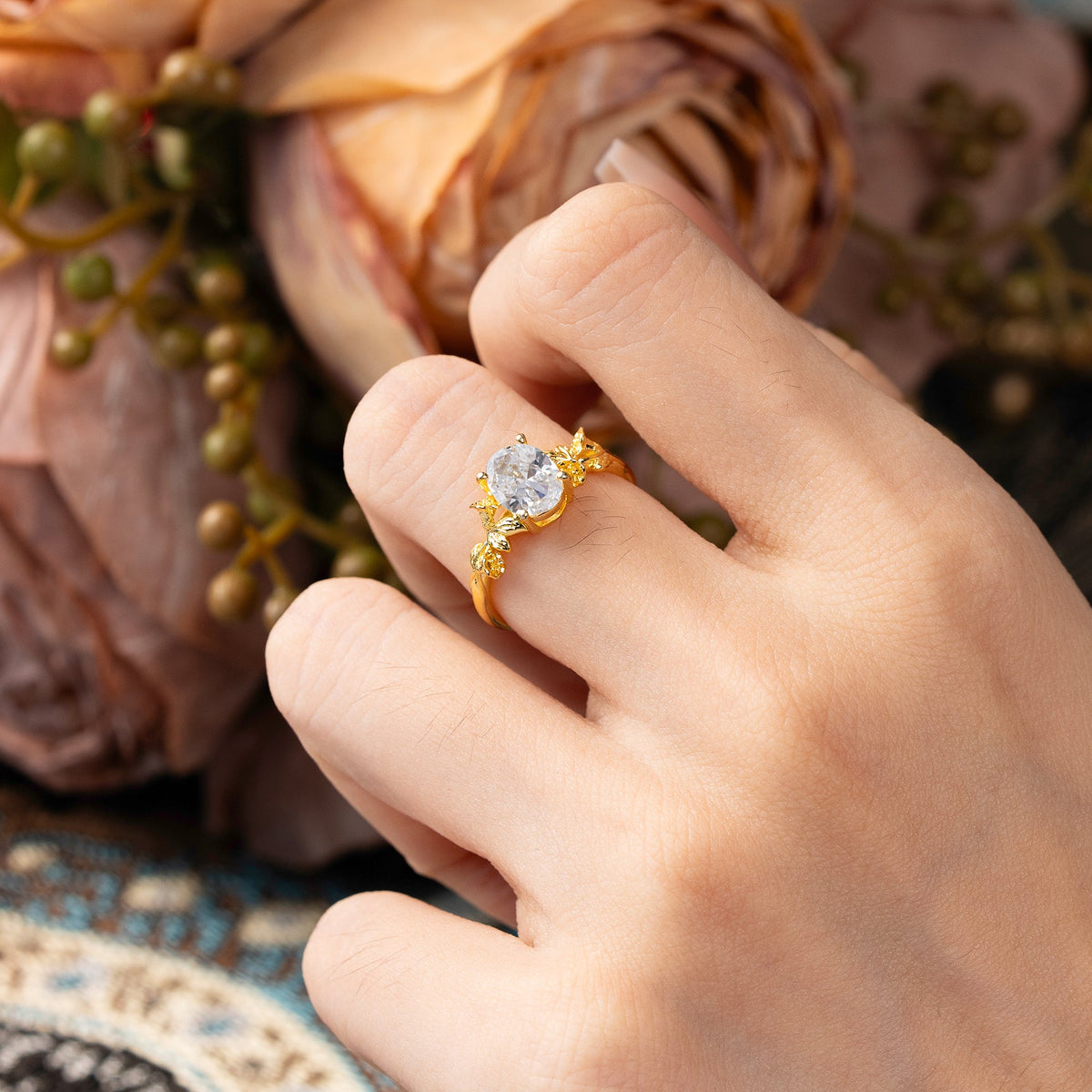 Oval Cut Nature Inspired Leaf Moissanite Engagement Ring