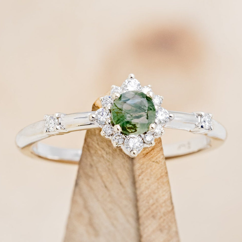 "Starla" - Moss Agate Engagement Ring With Starburst Diamond Halo