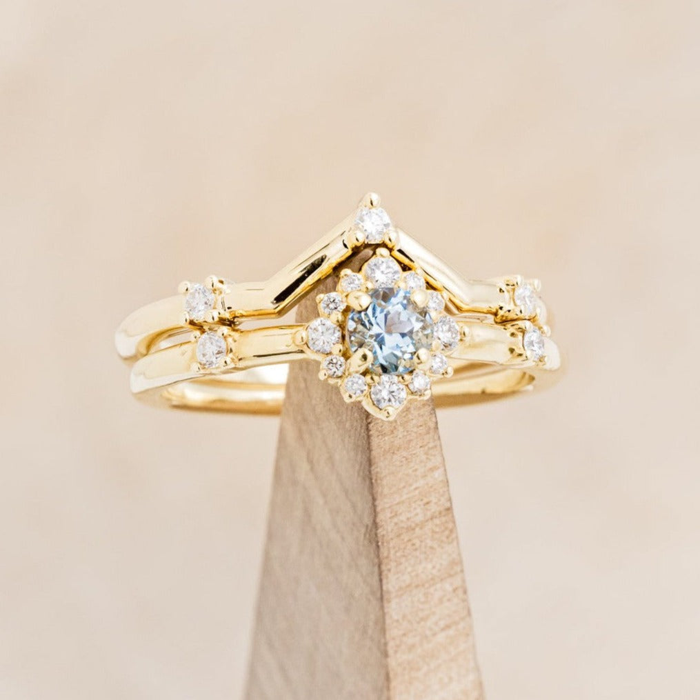 "Starla" - Aquamarine Engagement Ring With Starburst Diamond Halo & Contoured Tracer