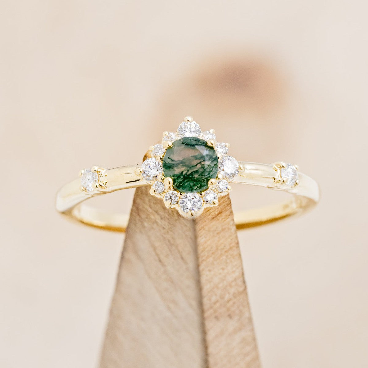 "Starla" - Moss Agate Engagement Ring With Starburst Diamond Halo