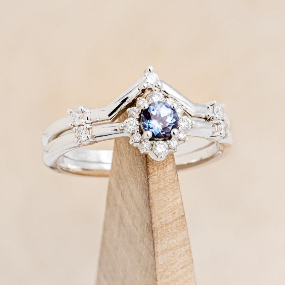 "Starla" - Round Cut Lab-Grown Alexandrite Engagement Ring With Starburst Diamond Halo