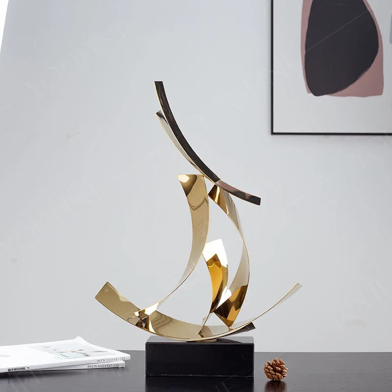 Abstract Polished Steel Ribbon Sculpture with Marble Base