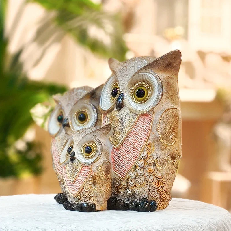 Gold and Red Owl Family Figurine