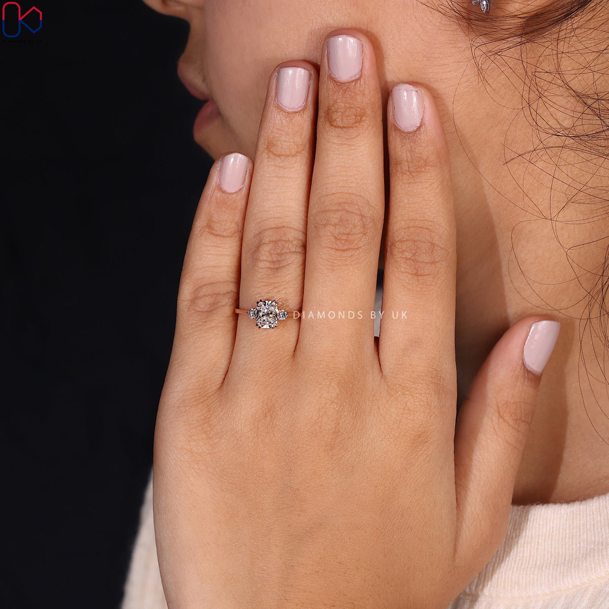 Cushion and Round Cut 3 Stone Engagement Ring