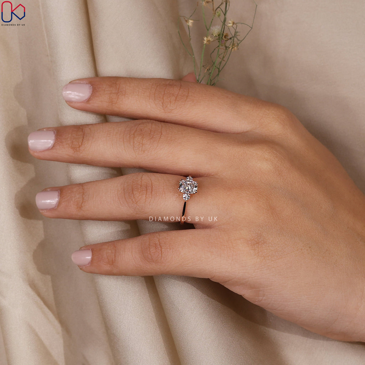 Cushion and Round Cut 3 Stone Engagement Ring