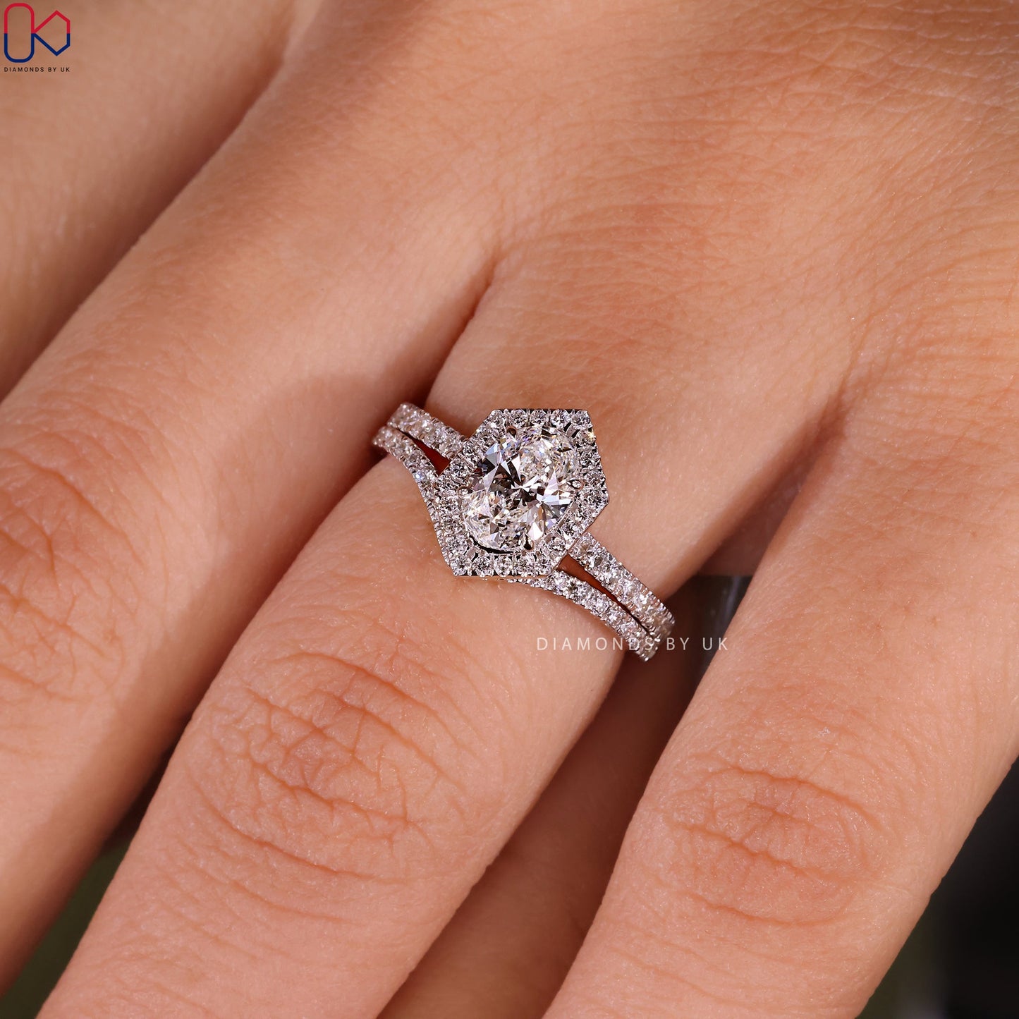 White Gold Halo Engagement Ring With Wedding Band
