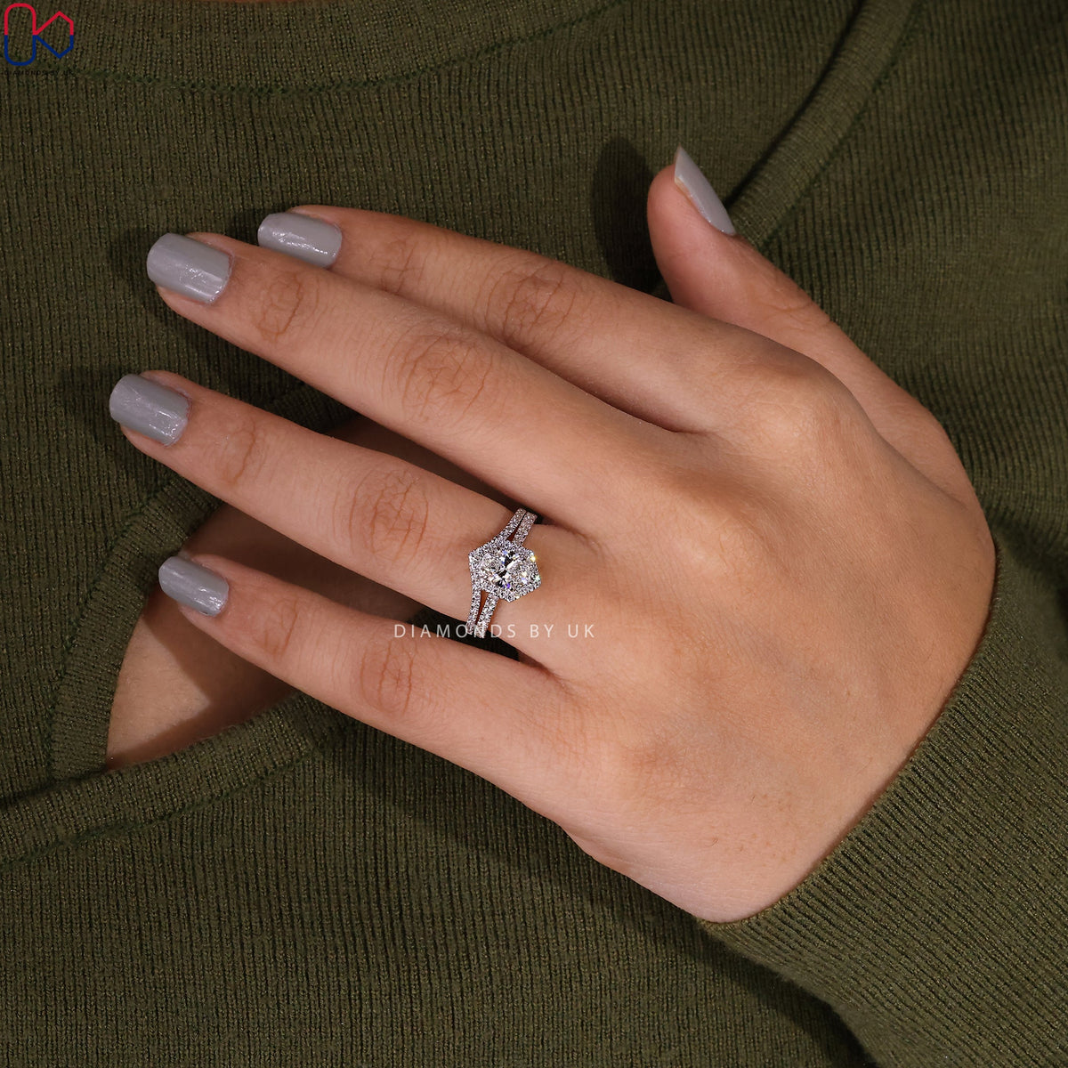 White Gold Halo Engagement Ring With Wedding Band