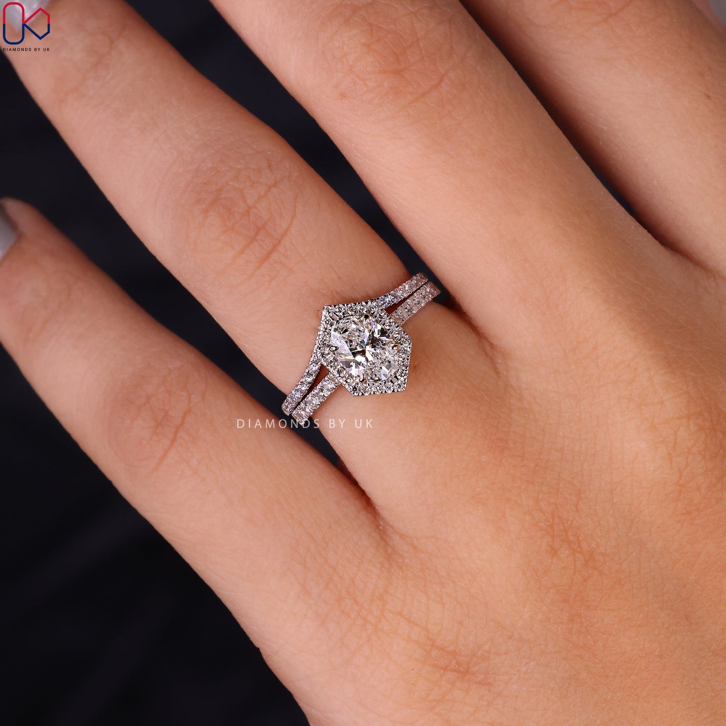 White Gold Halo Engagement Ring With Wedding Band