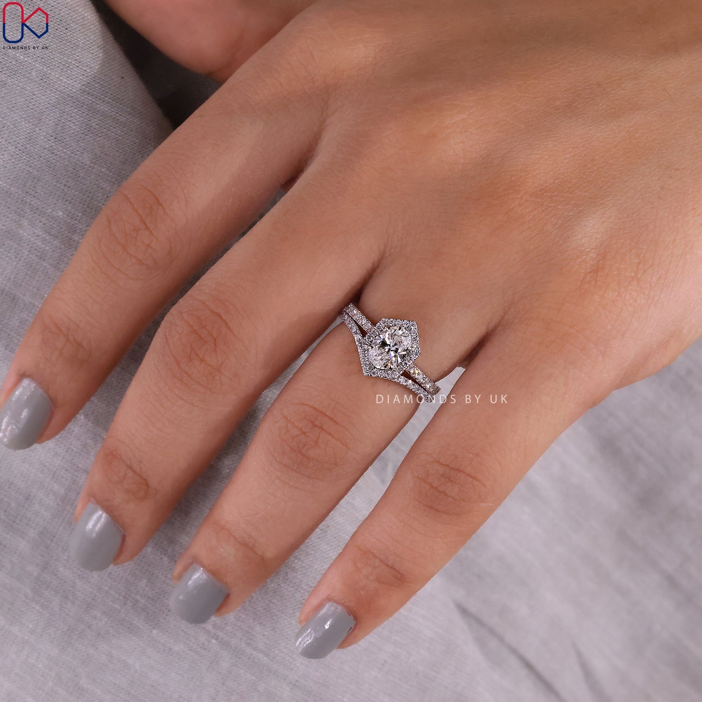 White Gold Halo Engagement Ring With Wedding Band