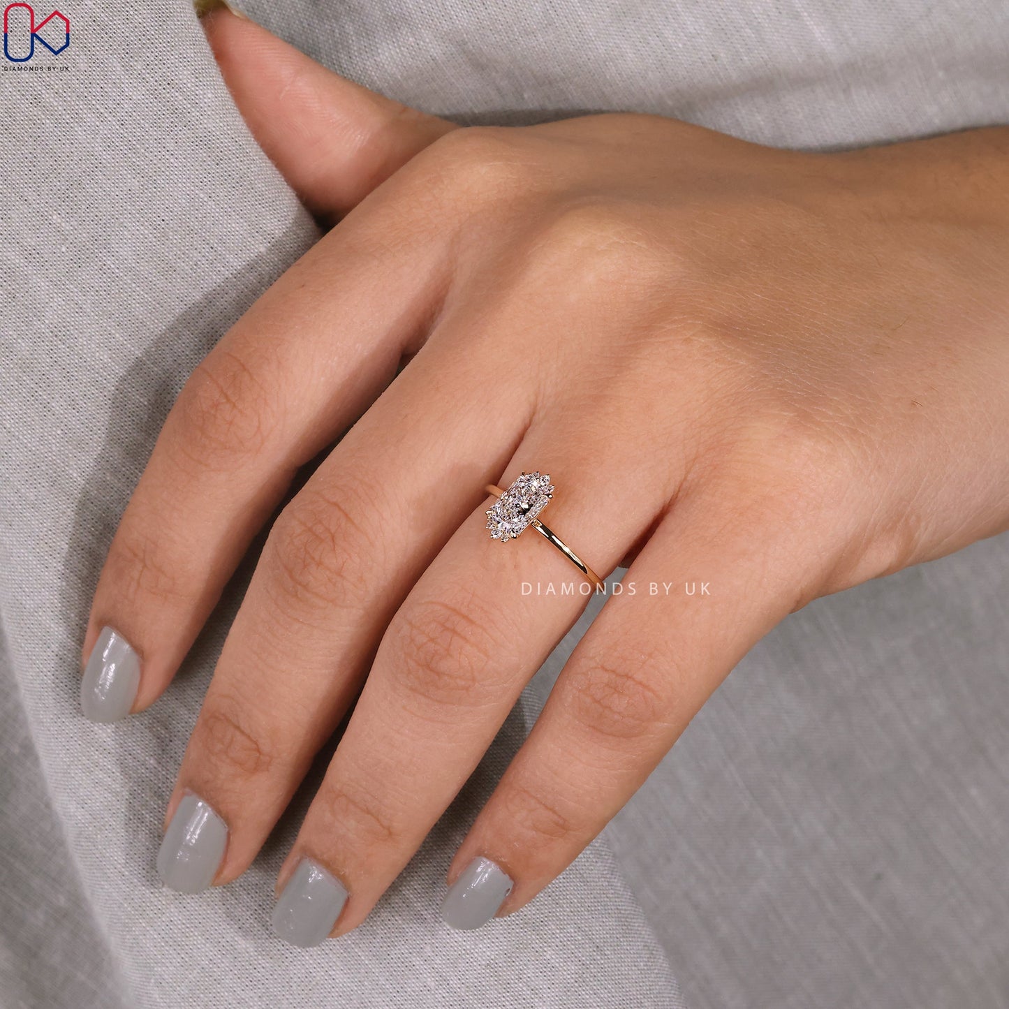Elongated Radiant Cut Diamond Ring In Yellow Gold