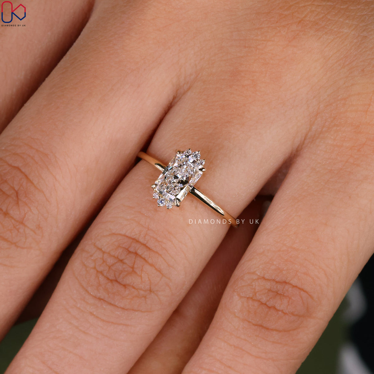 Elongated Radiant Cut Diamond Ring In Yellow Gold