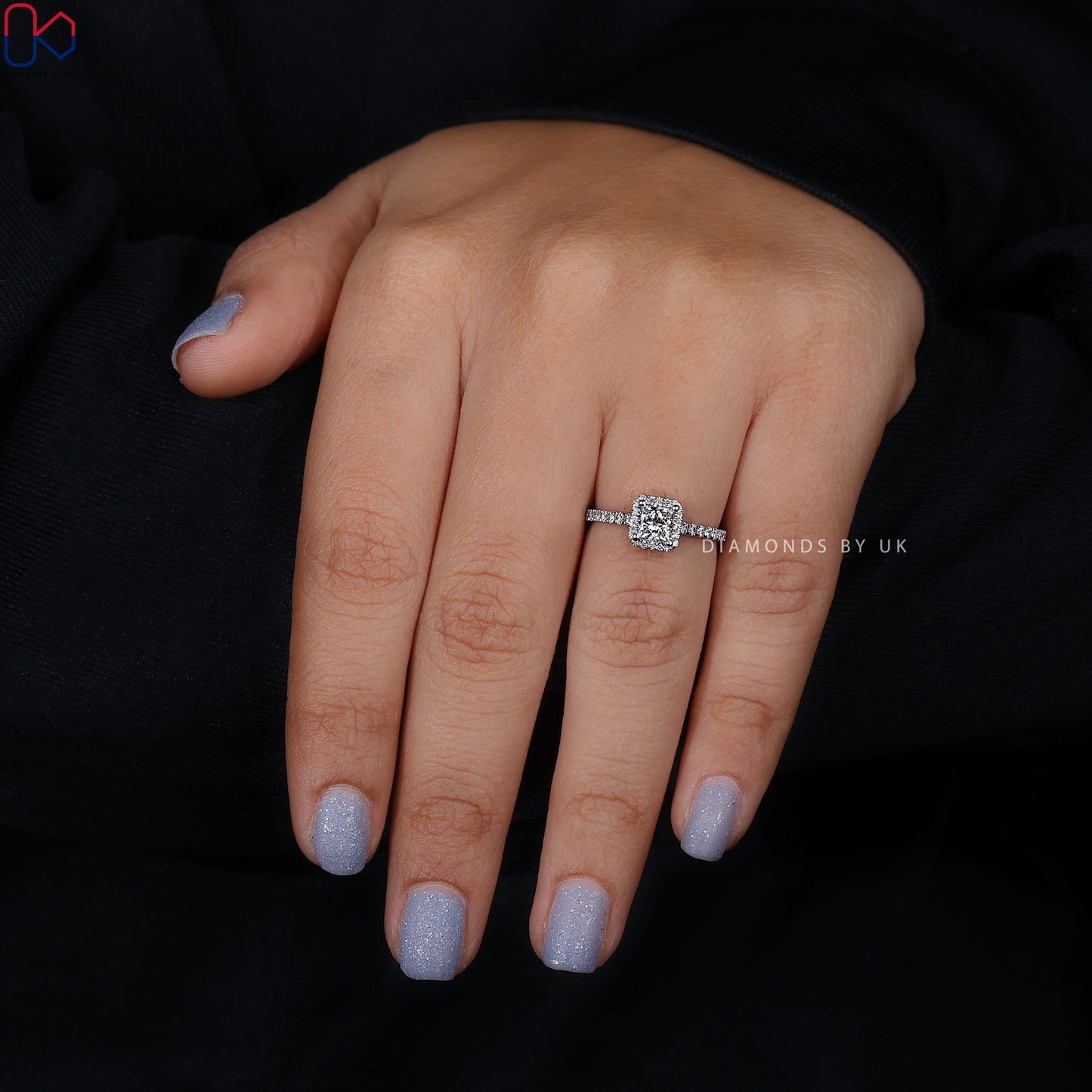 Princess Cut Engagement Ring With Halo and Pave Setting
