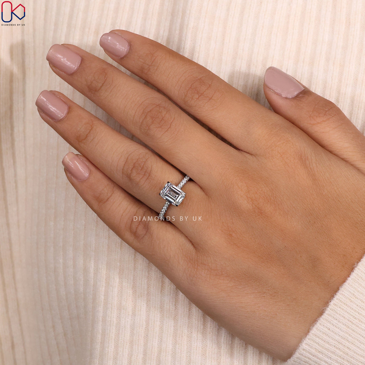 Emerald Cut Diamond Engagement Ring In Pave Setting