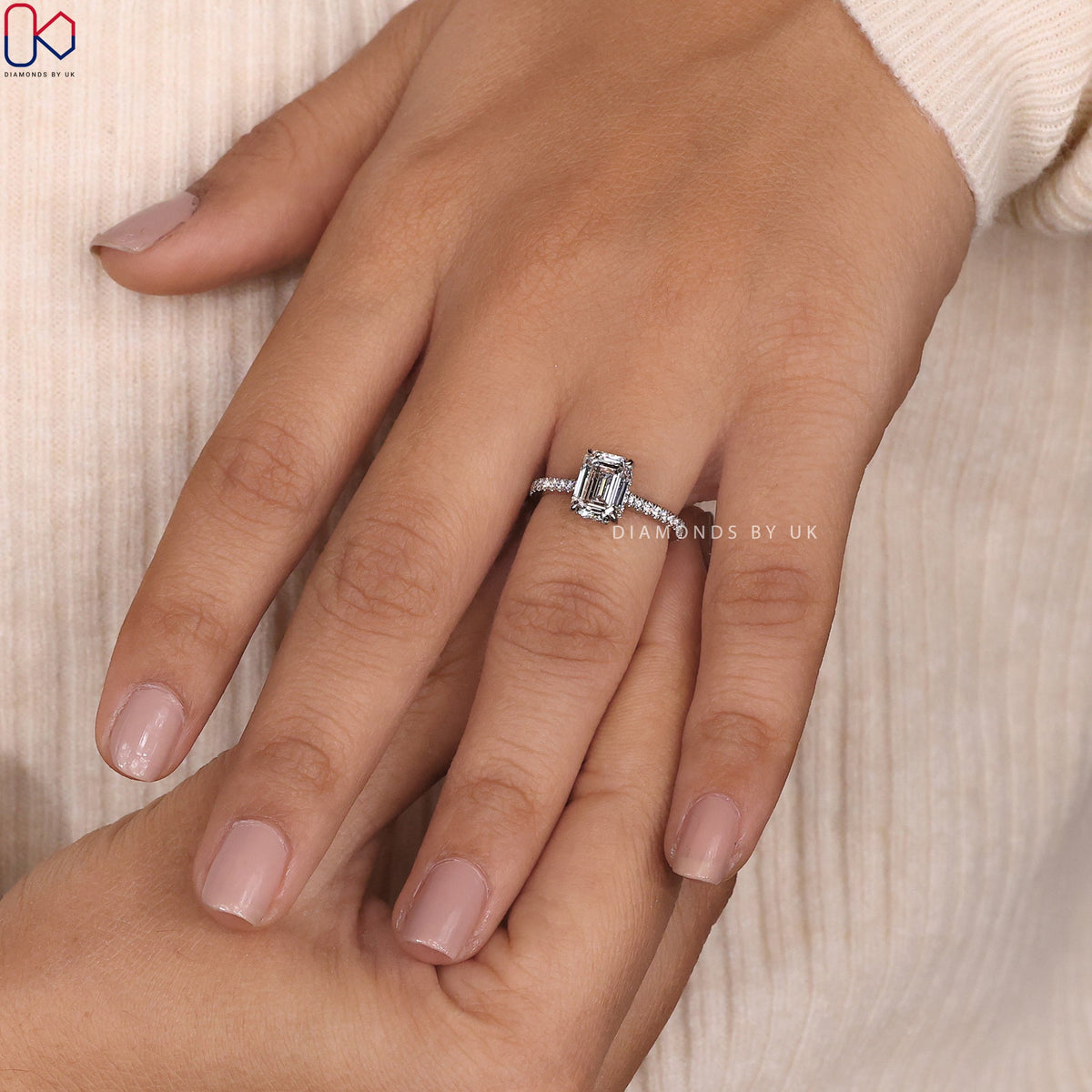 Emerald Cut Diamond Engagement Ring In Pave Setting
