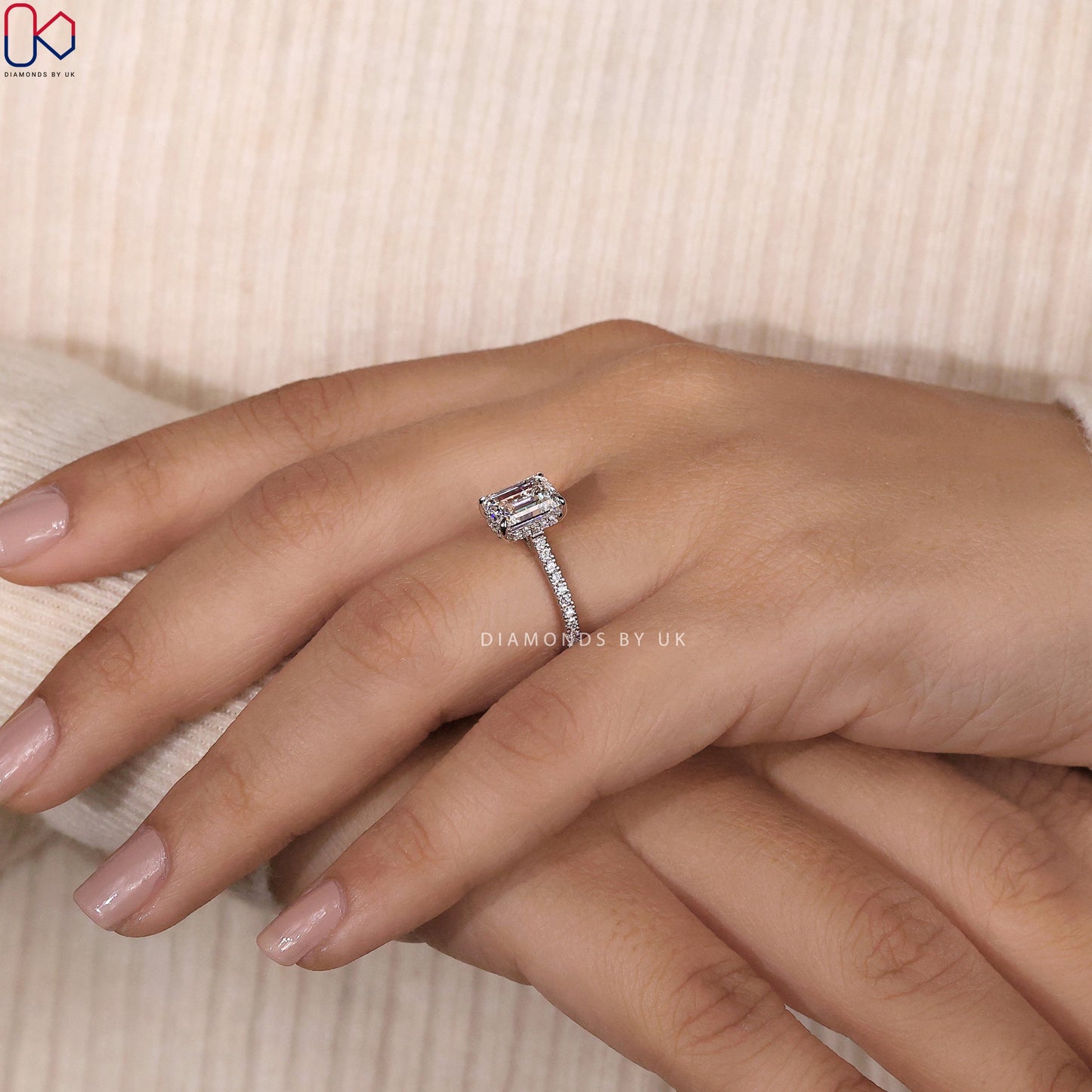 Emerald Cut Diamond Engagement Ring In Pave Setting