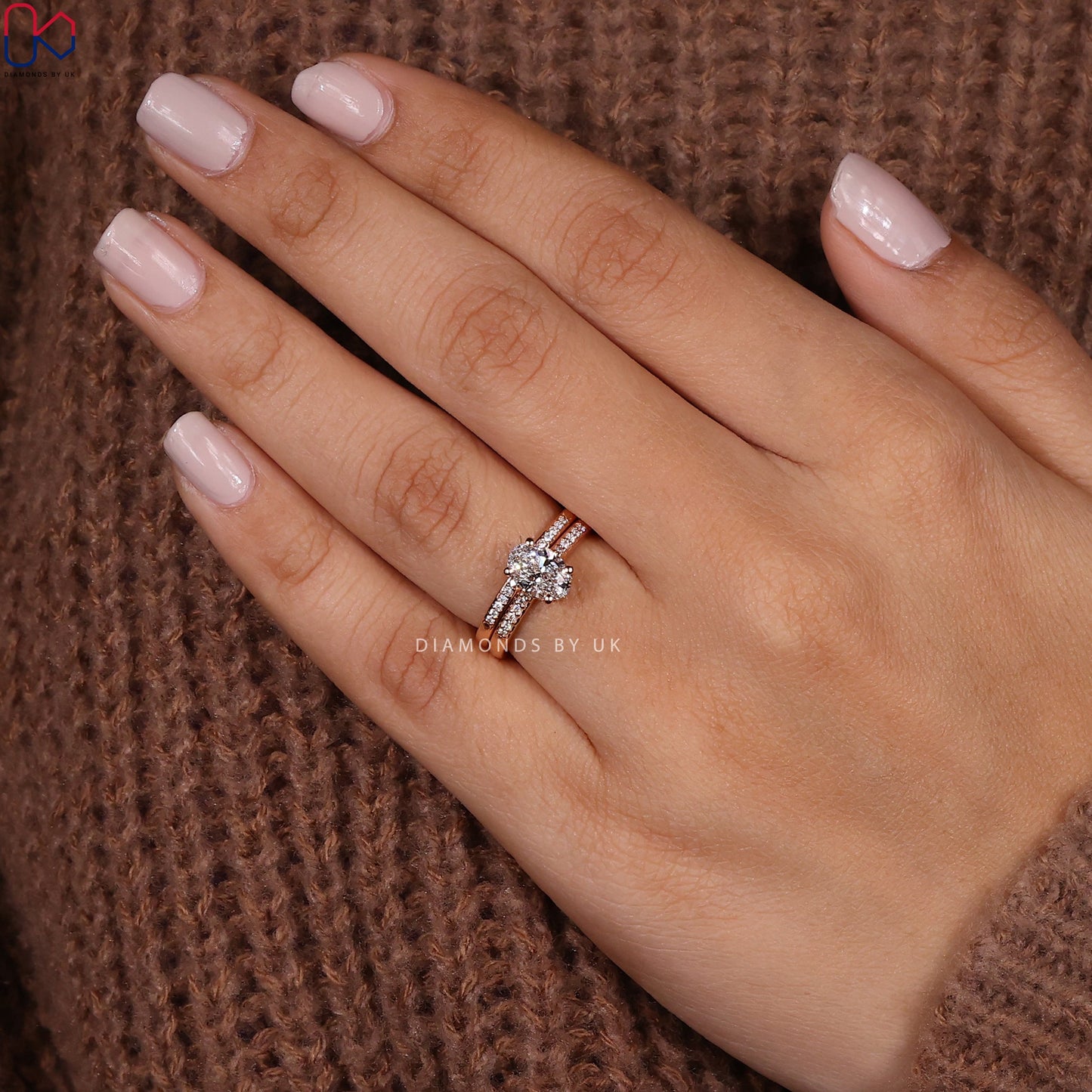 Rose Gold Oval Engagement Ring With Wedding Band