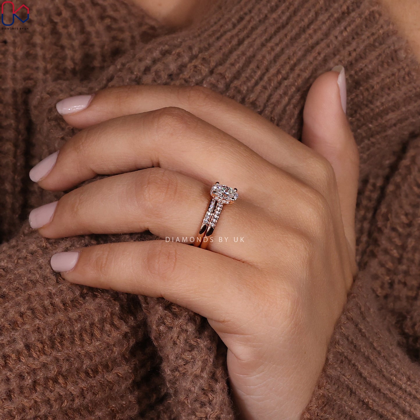Rose Gold Oval Engagement Ring With Wedding Band