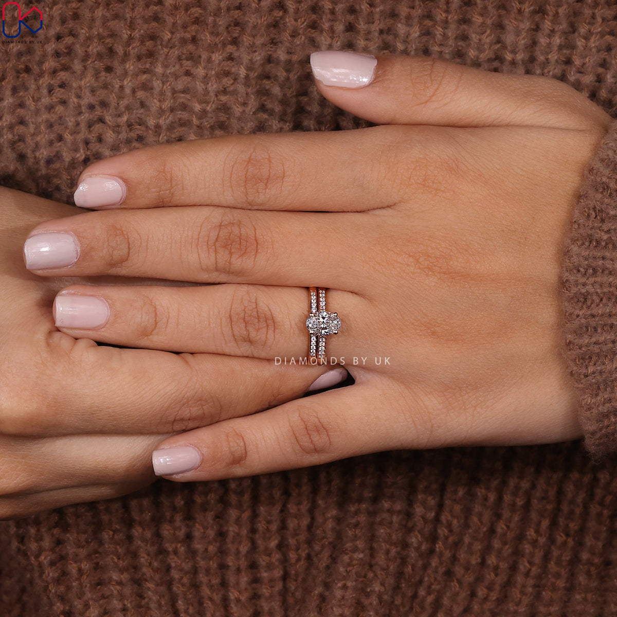 Rose Gold Oval Engagement Ring With Wedding Band