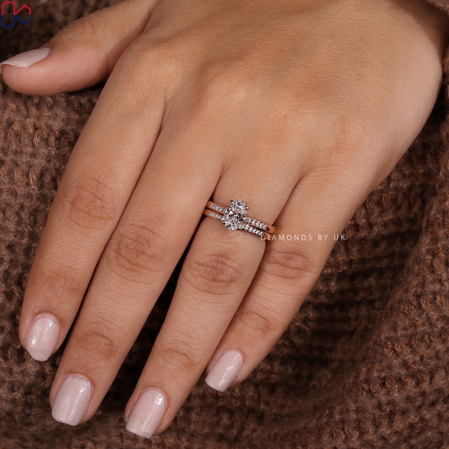 Rose Gold Oval Engagement Ring With Wedding Band