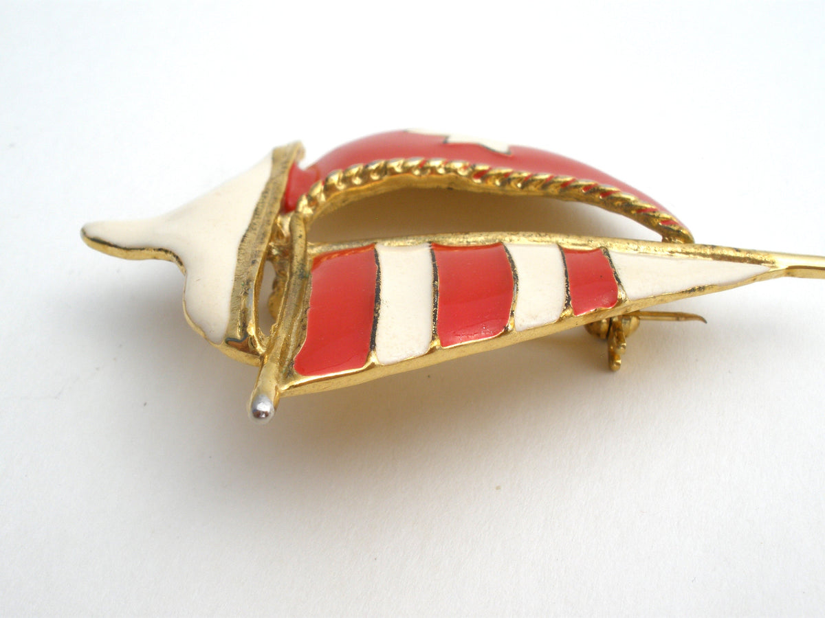 Sailboat Brooch Red & White Star Enamel Nautical Pin Vintage