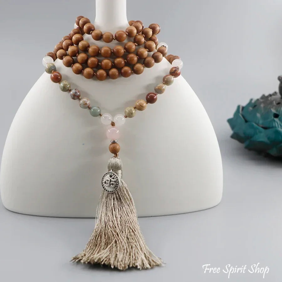 108 Natural Sandalwood Rose Quartz & Jasper Mala Bead Necklace