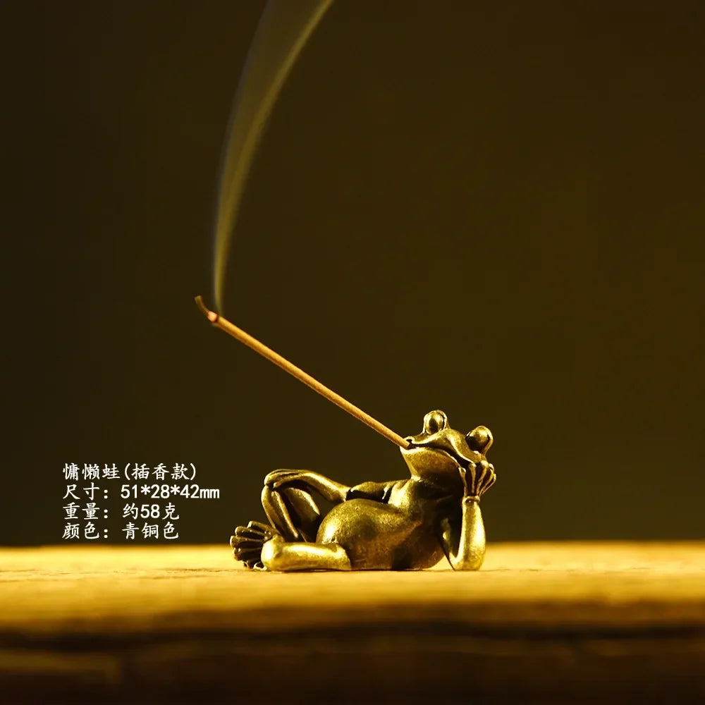 Miniature Brass Frog Incense Holder Sculpture