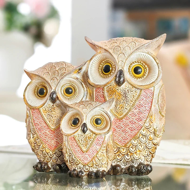 Gold and Red Owl Family Figurine