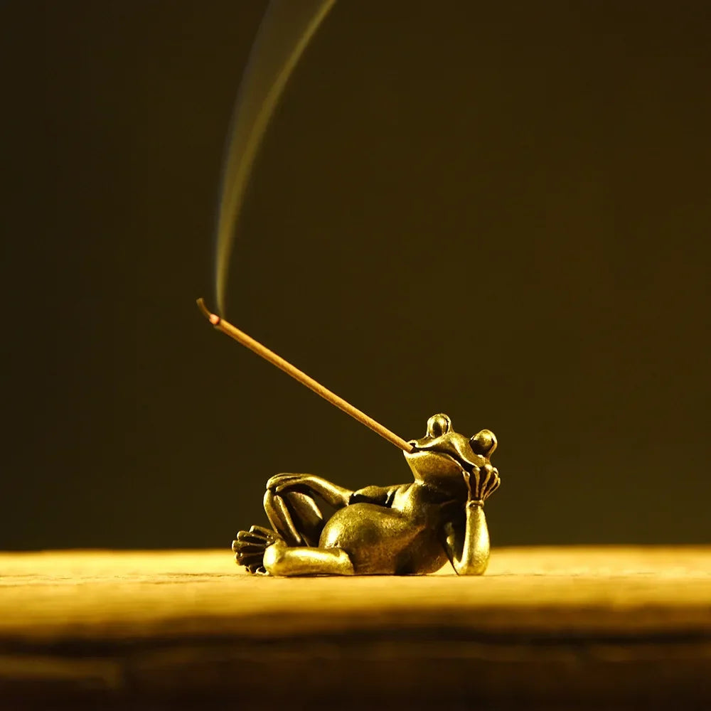 Miniature Brass Frog Incense Holder Sculpture