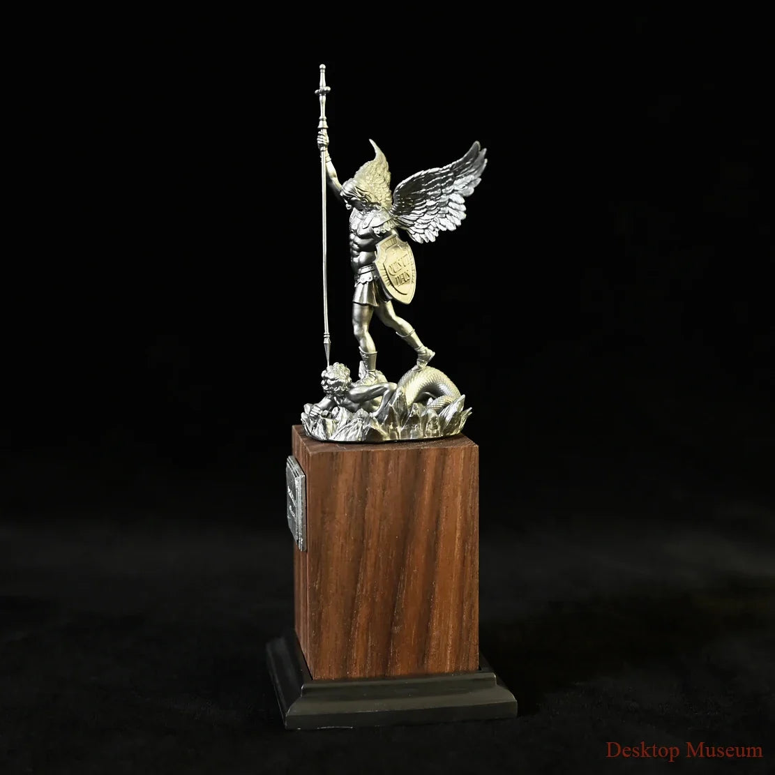 Saint Michael Warrior Figure on Walnut Pedestal
