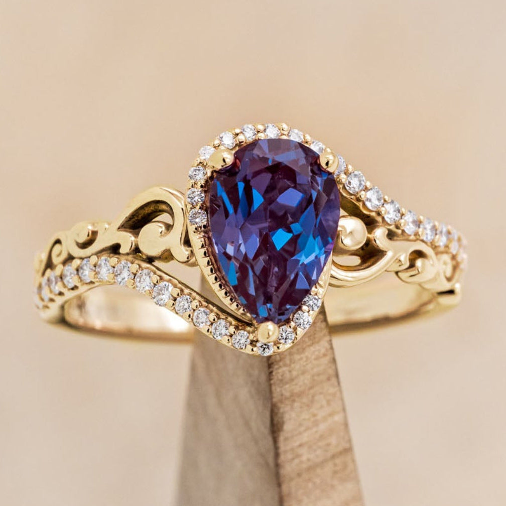 "Scarlet" - Pear Cut Lab-Grown Alexandrite Engagement Ring With Diamond Accents