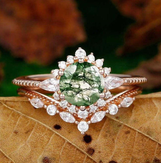 Custom Order - Natural Moss Agate Engagement Ring Set Unique Round Cut Moss Agate Halo Bridal Ring Set