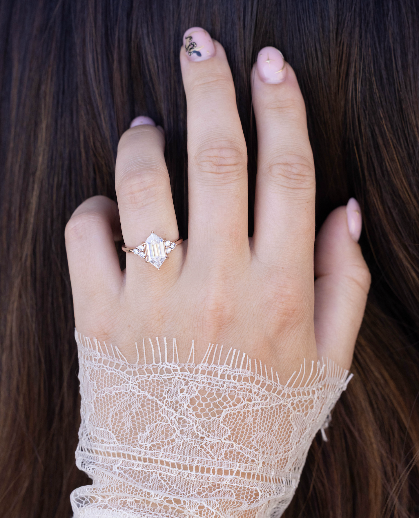 "Octavia" - Elongated Hexagon Cut Moissanite Engagement Ring With Diamond Accents
