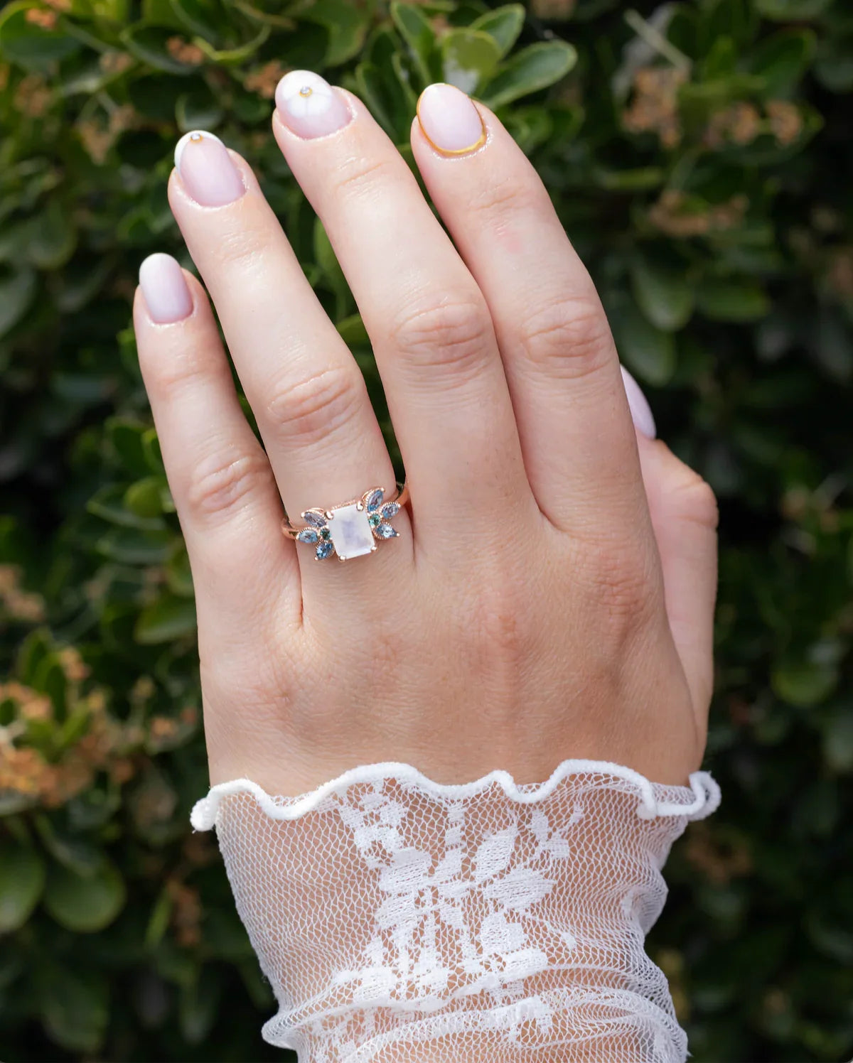 "Moonshadow" - Emerald Cut Moonstone Engagement Ring With Green Tourmaline & Aquamarine Accents - 14K Rose Gold - Size 7 1/4