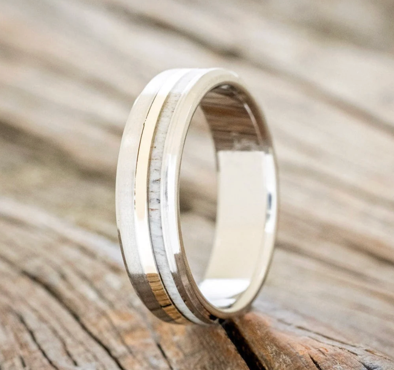 "Tanner" - Elk Antler & 14K Yellow Gold Inlay Wedding Band - Titanium (6mm) - Size 10 3/4