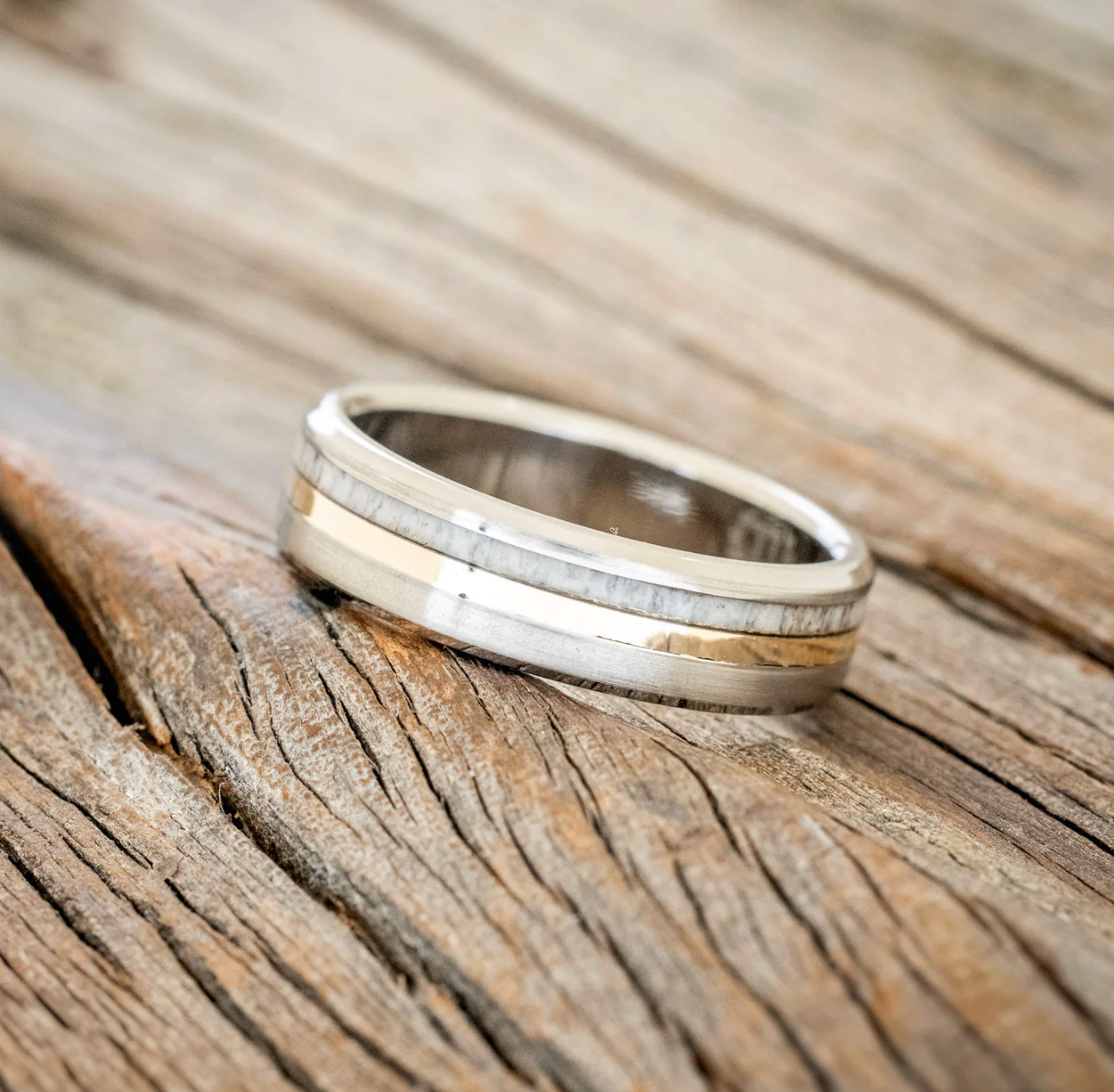 "Tanner" - Elk Antler & 14K Yellow Gold Inlay Wedding Band - Titanium (6mm) - Size 10 3/4