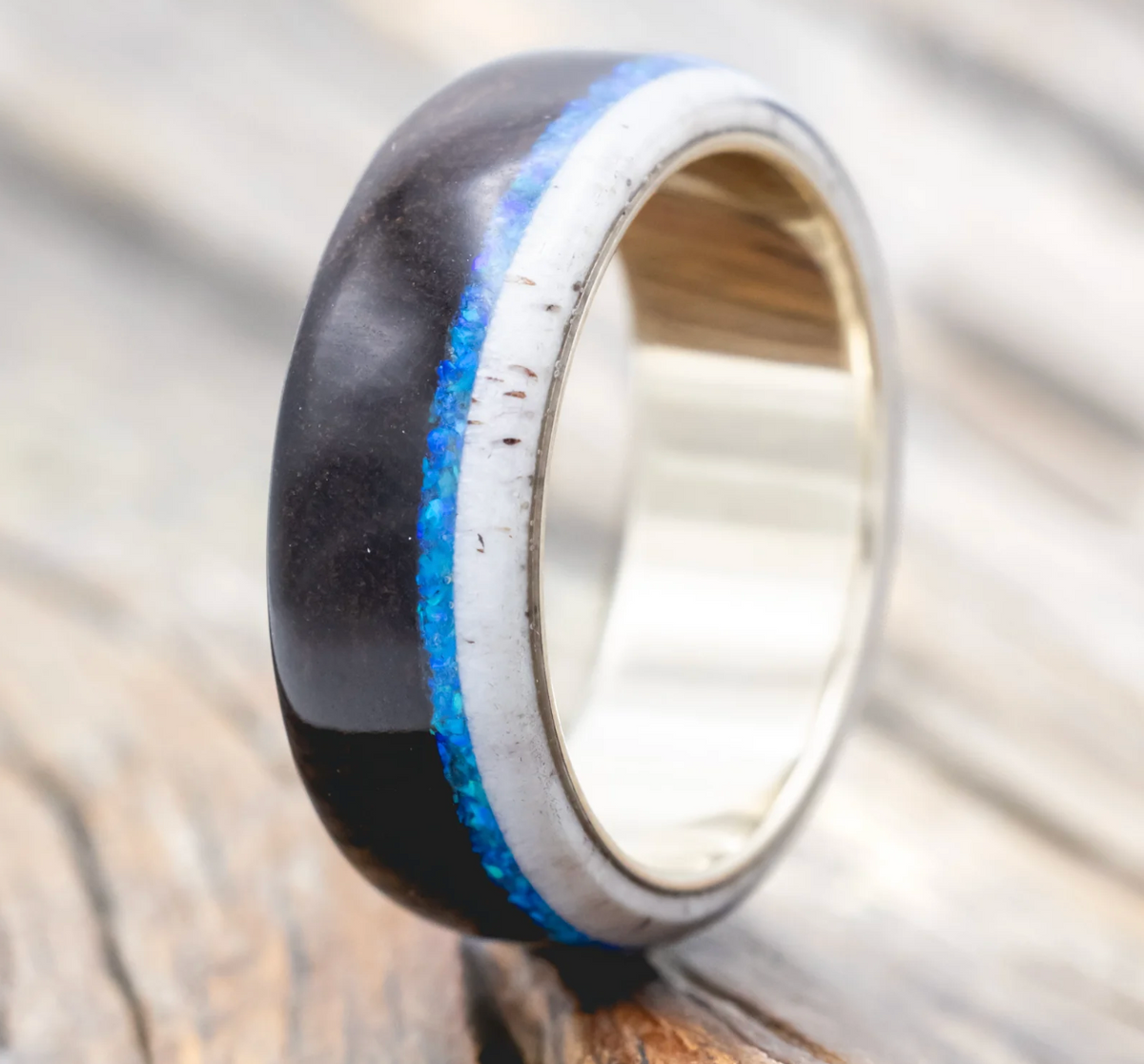 "Argos" - Ironwood, Antler & Blue Opal Wedding Band - 14K White Gold - Size 9