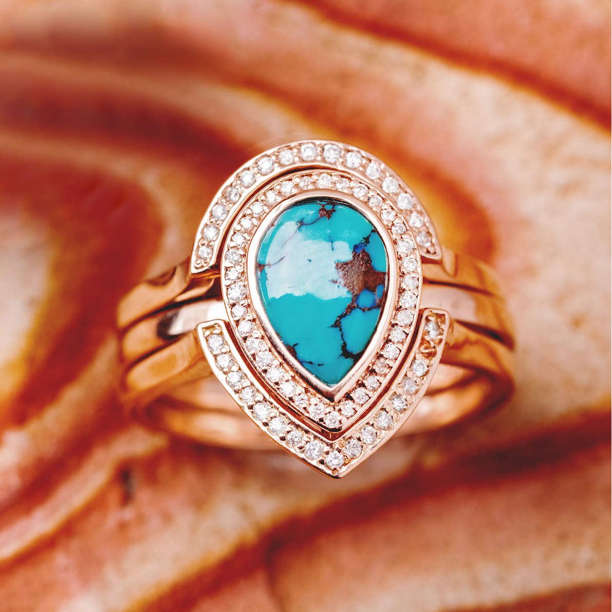 "Terra" Bridal Suite - Pear Cabochon Cut Spiny Oyster Turquoise Engagement Ring With Diamond Halo & Tracers