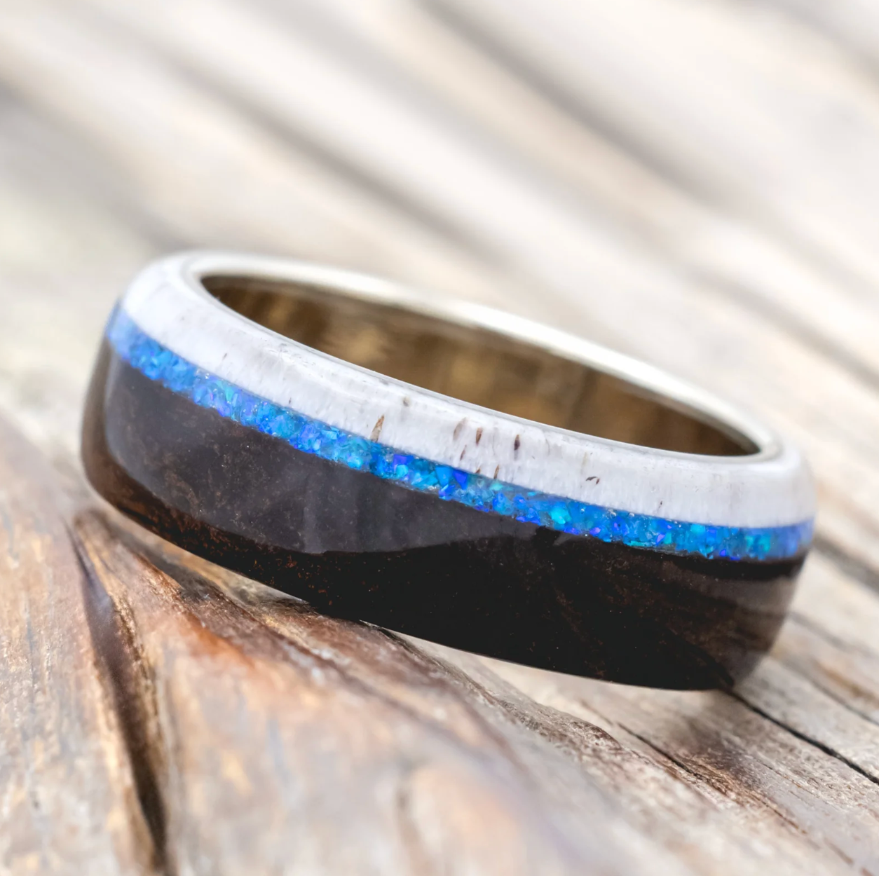 "Argos" - Ironwood, Antler & Blue Opal Wedding Band - 14K White Gold - Size 9