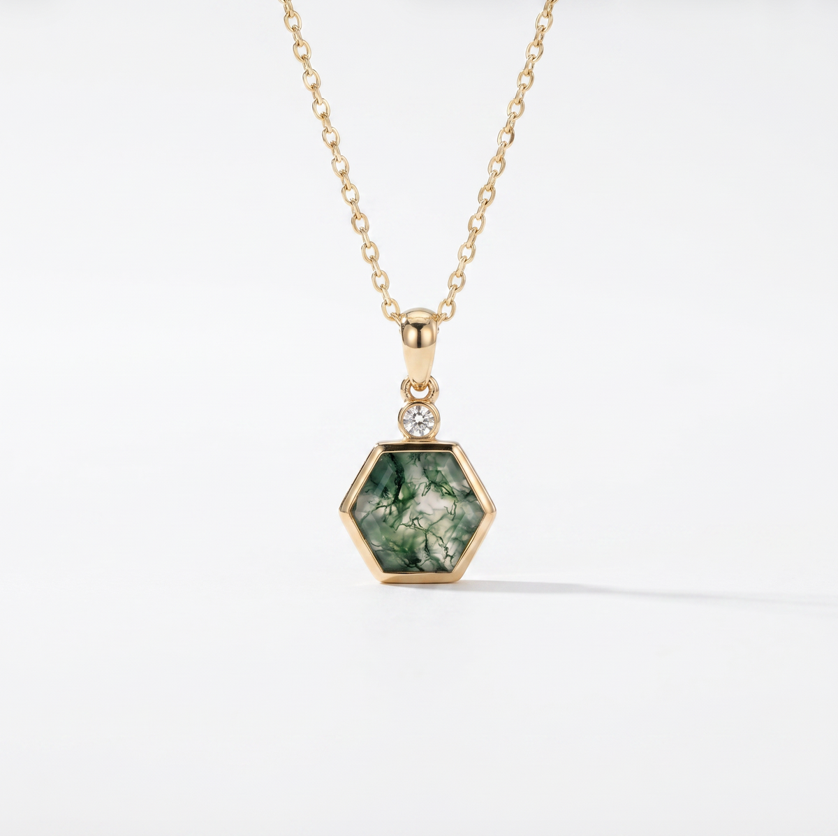 Hexagon Moss Agate Necklace | 14K Yellow Gold