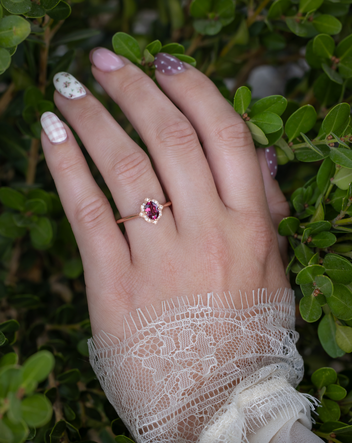 "Jane" - Rhodolite Garnet Engagement Ring With Diamond Accents
