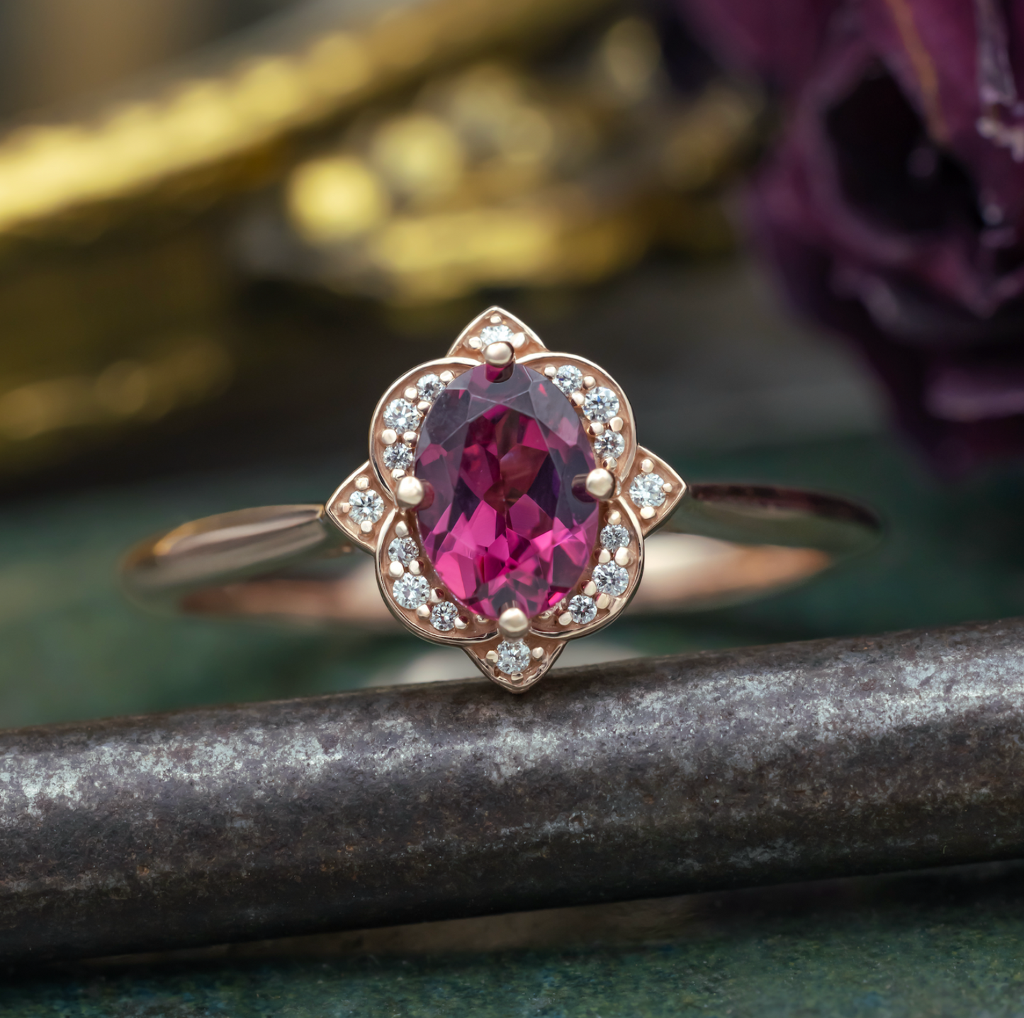 "Jane" - Rhodolite Garnet Engagement Ring With Diamond Accents