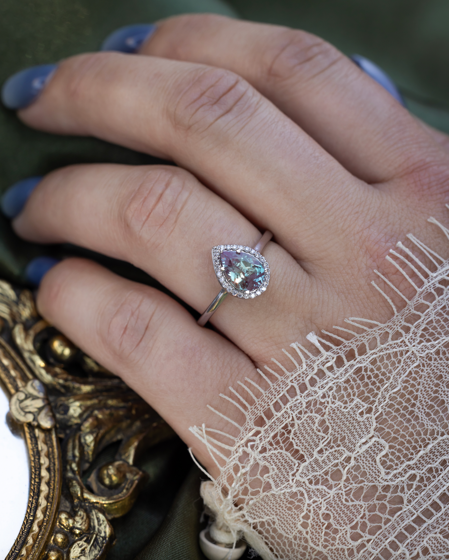 "Clariss" - Pear Cut Engagement Ring With Diamond Accents & A Contoured Stacker